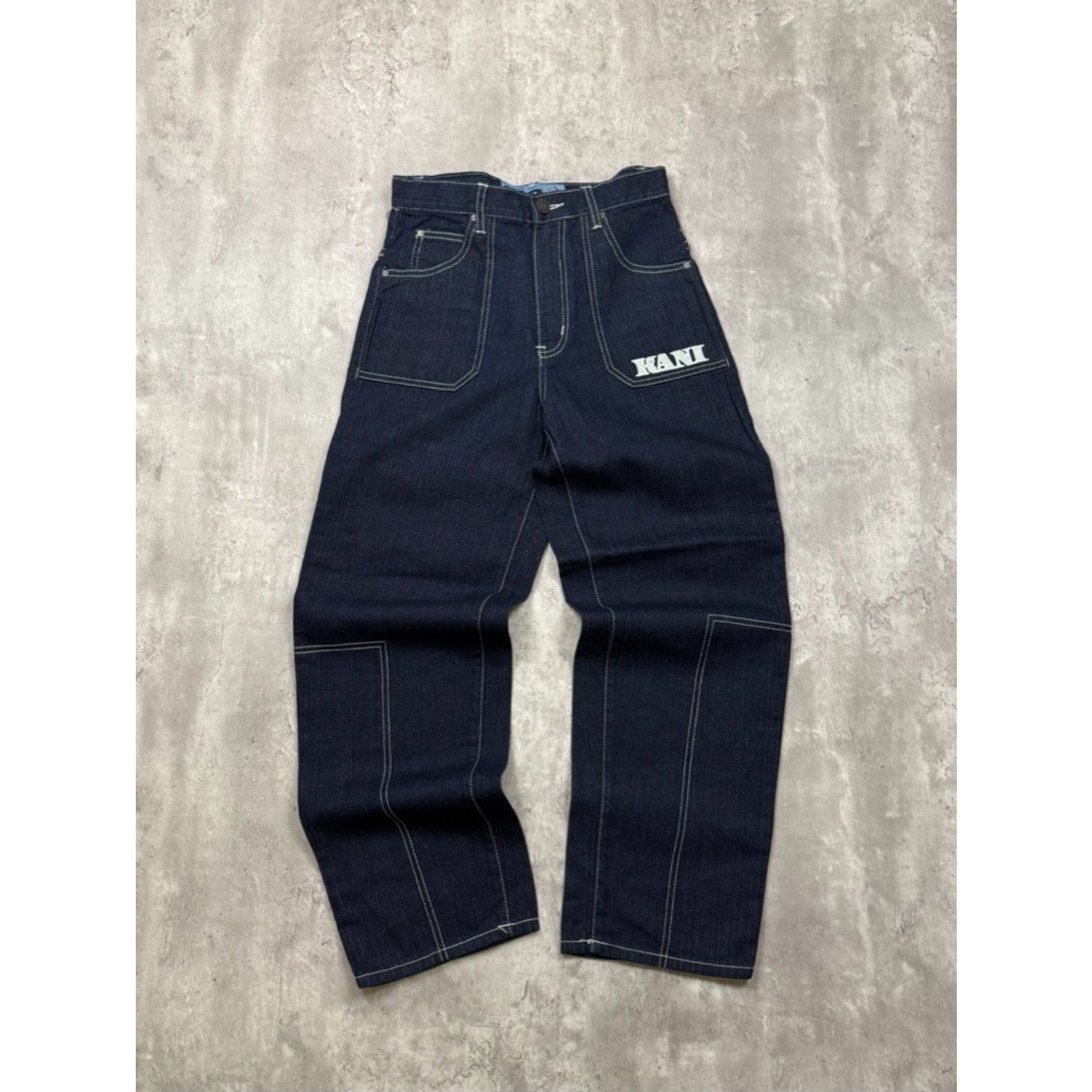 Vintage Y2K Womens Kani Contrast Stitched Spellout Dark Wash Denim Pants