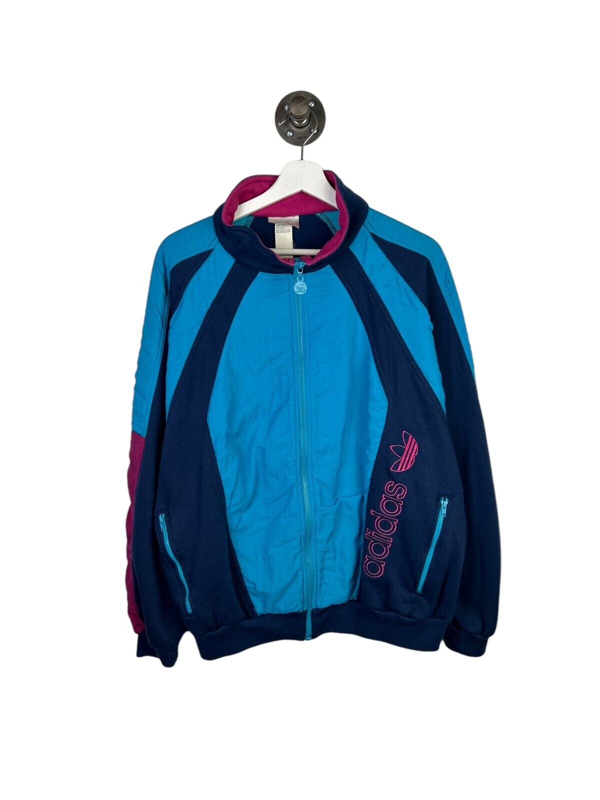 Vintage 80s Adidas Embroidered Trefoil Panelled Nylon Jacket Size Large Blue