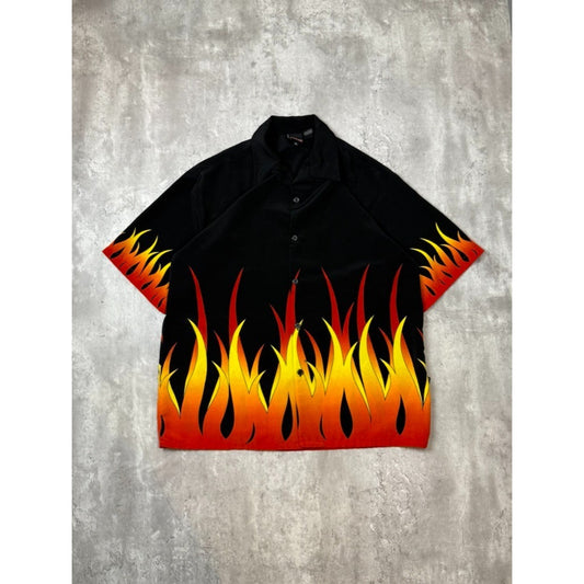 Vintage Y2K Silver Point Flame Print Short Sleeve Button Up Shirt Size XL