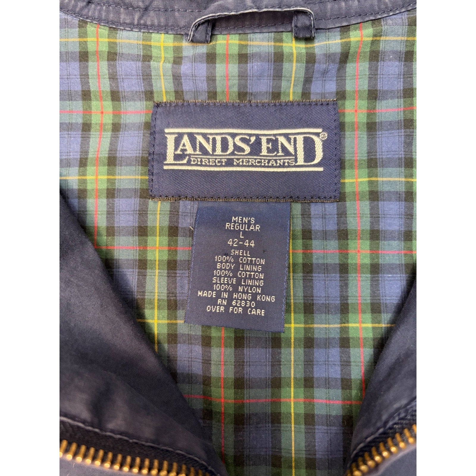 Vintage Lands End Plaid Lined Full Zip Navy Harrington Style Jacket Size Large