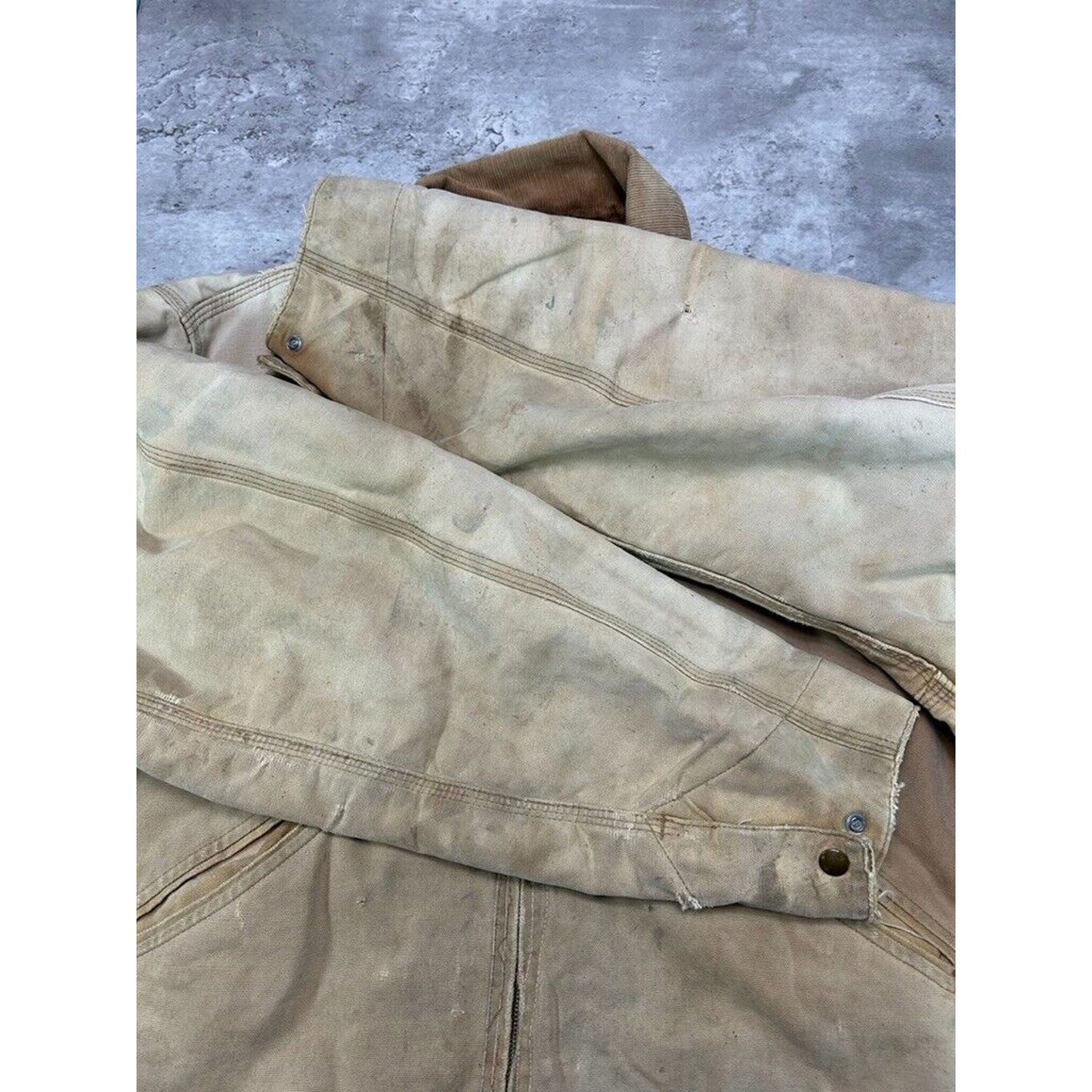 Vintage 80s Carhartt Quilted Lined Canvas Workwear Detroit Jacket Size XL Beige
