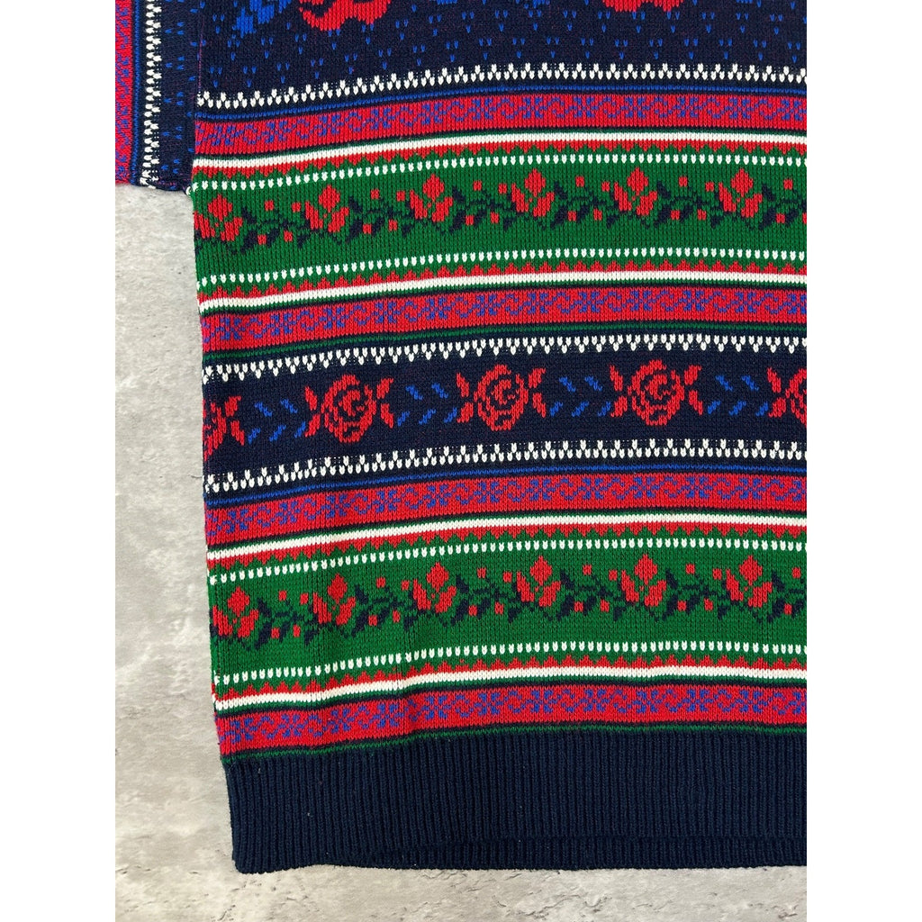 Vintage 90s Rose Striped Print Pullover Turtle Neck Knit Sweater Size Large
