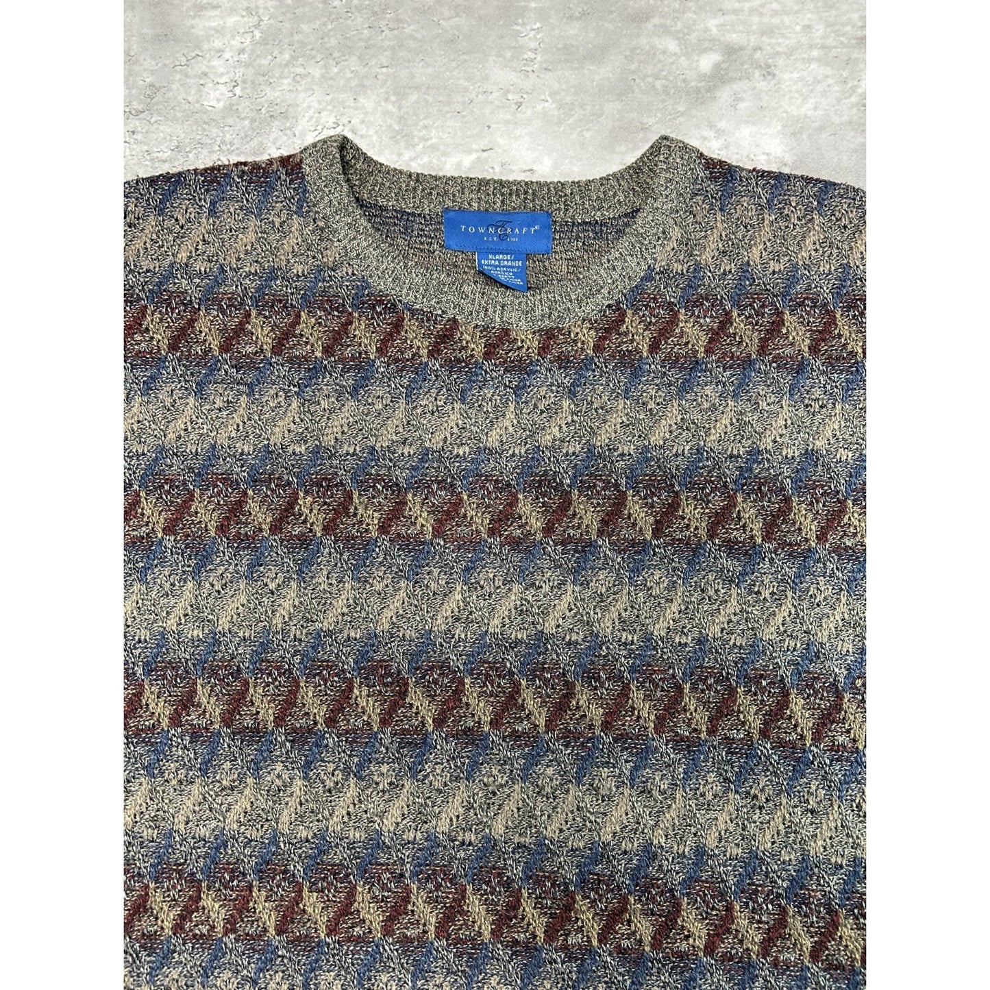 Vintage Towncraft Diamond Print Striped Pullover Knit Sweater Size XL