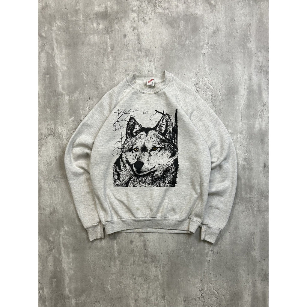 Vintage 90s Grey Wolf Animal Graphic Nature Crewneck Sweatshirt Size Large