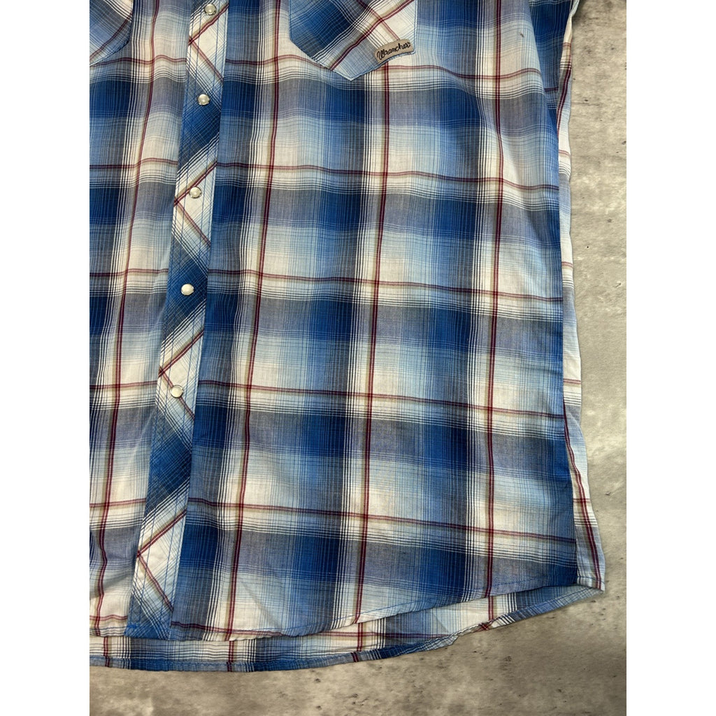 Vintage 80s Wrangler Wrancher Plaid Pearl Snap Short Sleeve Button Up Shirt XLT