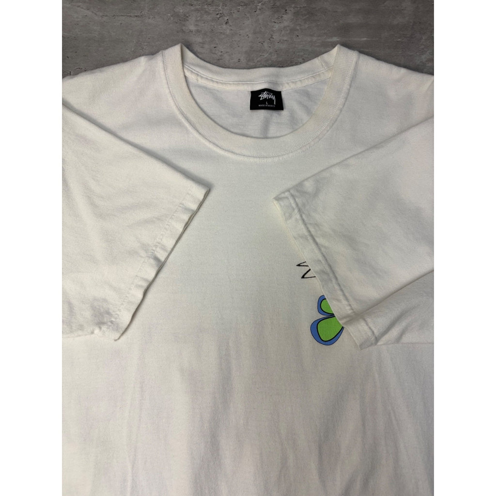 Stussy Spellout Flower Graphic White T-Shirt Size Large