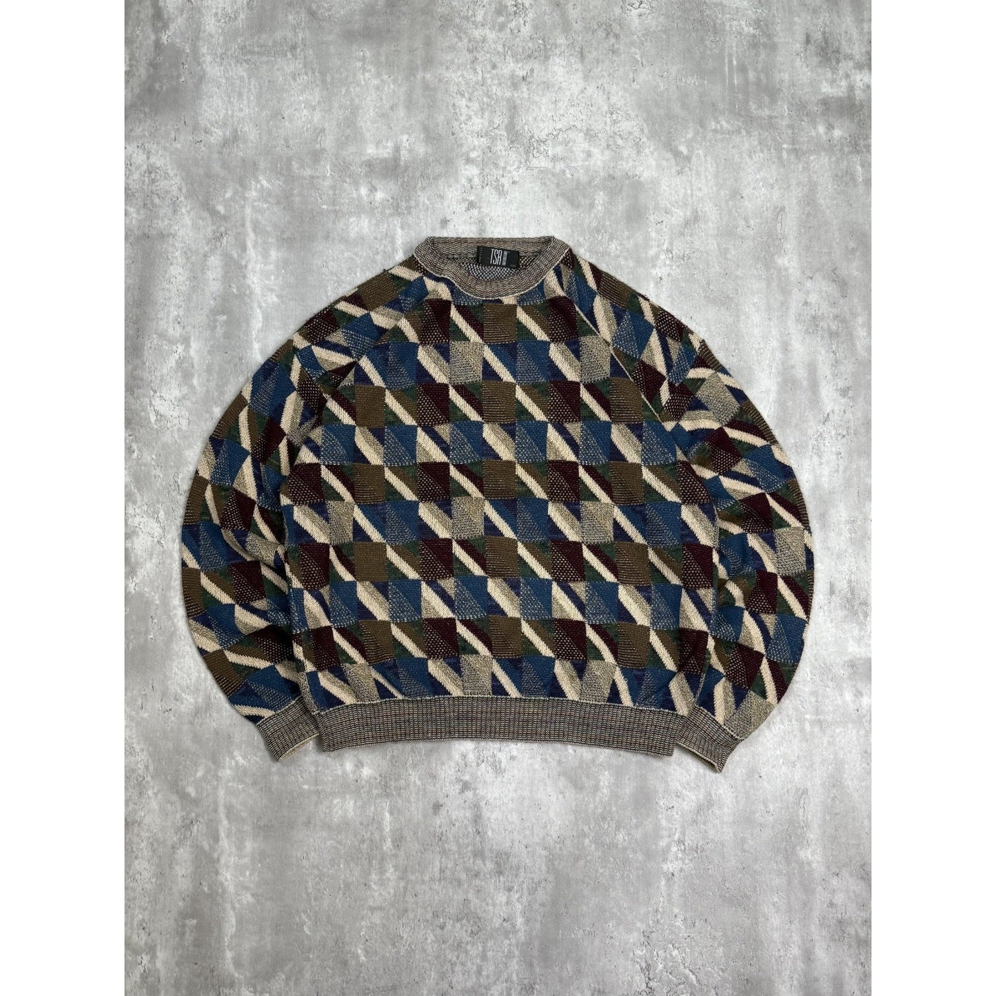 Vintage 90s TSR Earth Tone Geometric Striped Pullover Knit Sweater Size 2XL