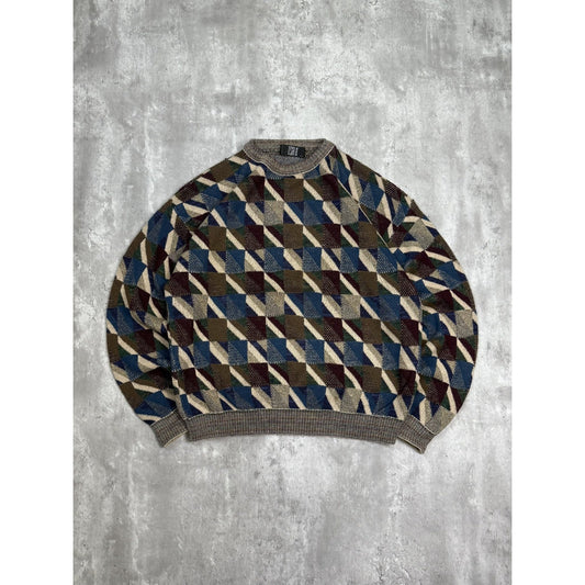 Vintage 90s TSR Earth Tone Geometric Striped Pullover Knit Sweater Size 2XL