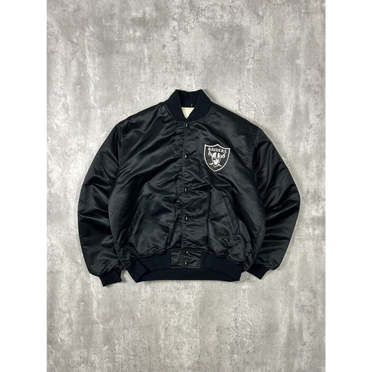 Vintage 90s Oakland Raiders NFL Starter Satin Bomber Jacket Size Large Black