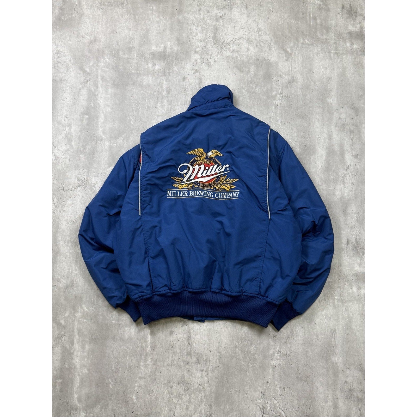Vintage 90s Miller Lite Embroidered Full Zip Insulated Bomber Jacket Size Large