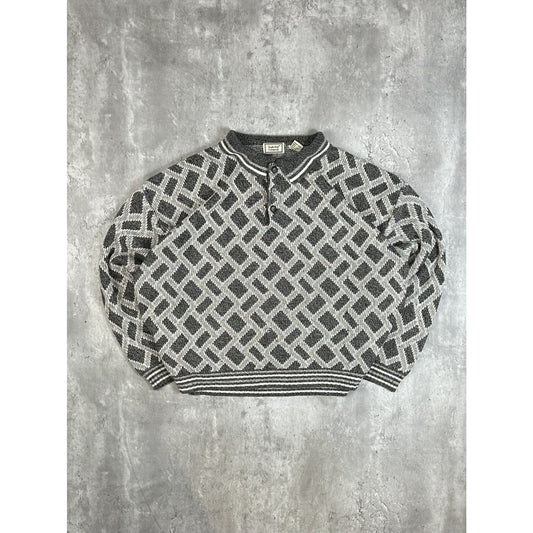 Vintage 90s Bugle Boys Abstract Print 1/4 Button Knit Sweater Size Large Gray