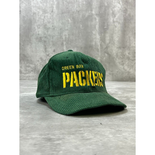VTG 90s Green Bay Packers NFL Embroidered Spellout Corduroy Snapback Hat OSFA