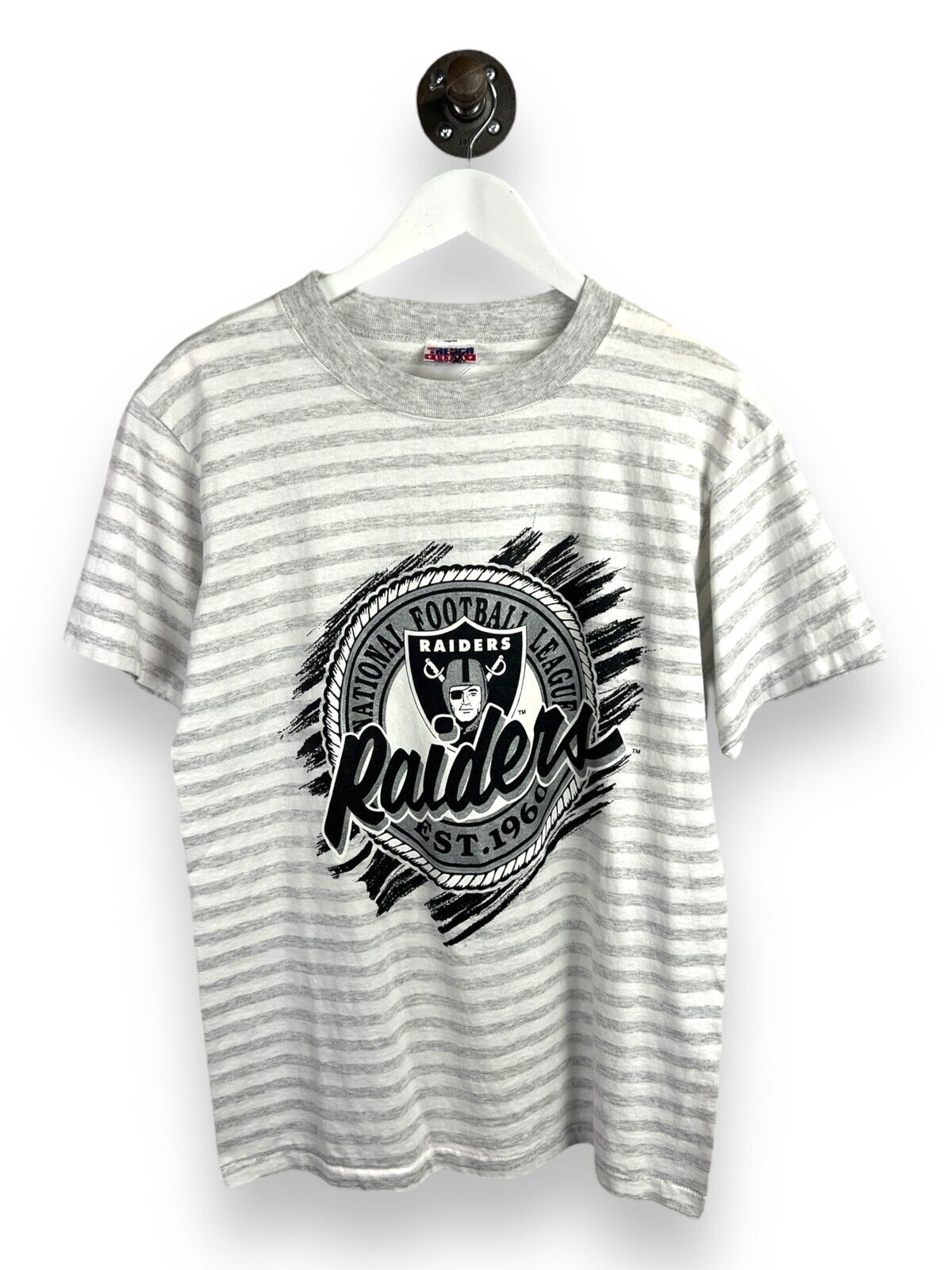 Vintage 90s Oakland Raiders NFL Graphic Crest Striped T-Shirt Size Large