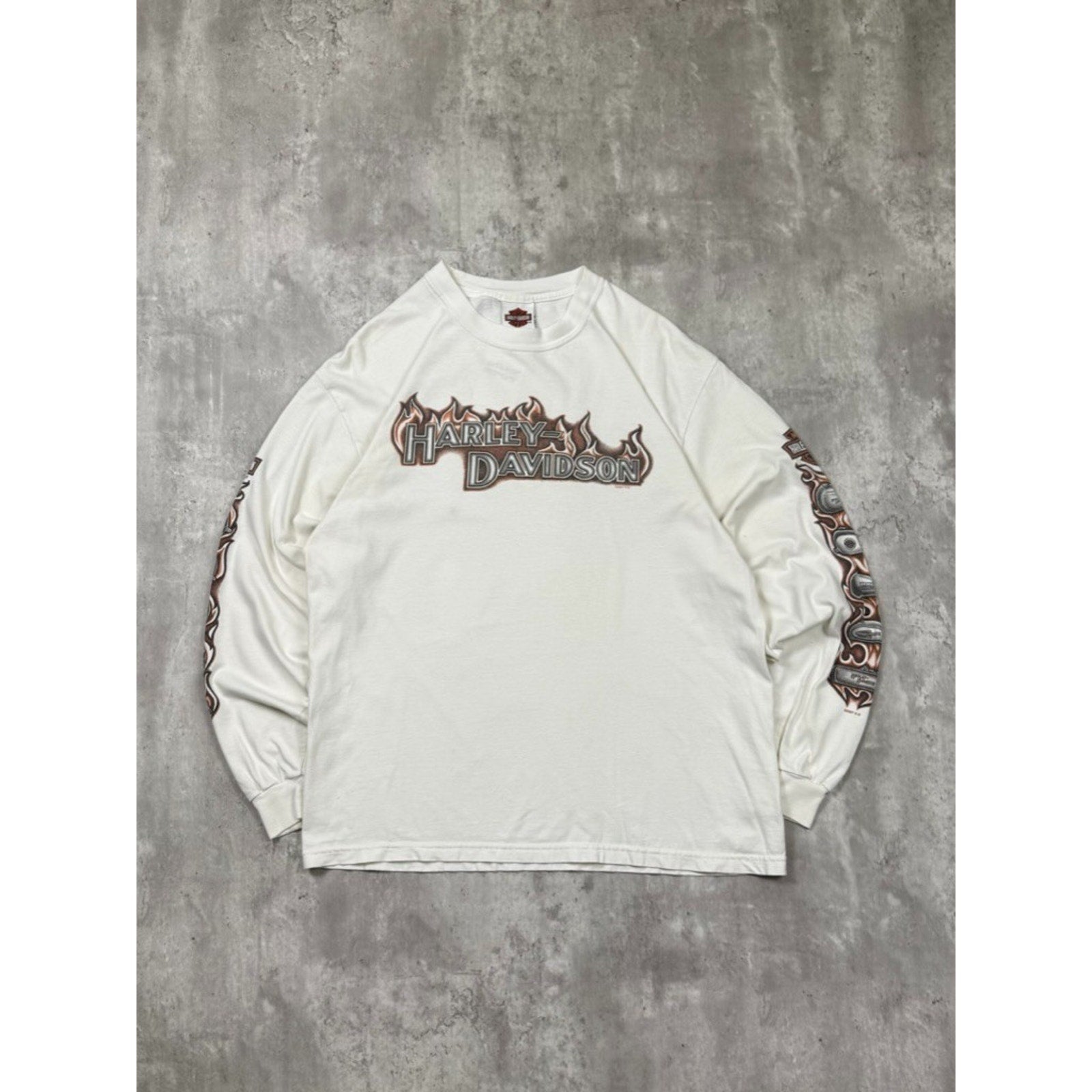 Vintage 2007 Harley Davidson Flame Graphic Spellout Long Sleeve T-Shirt Sz Large