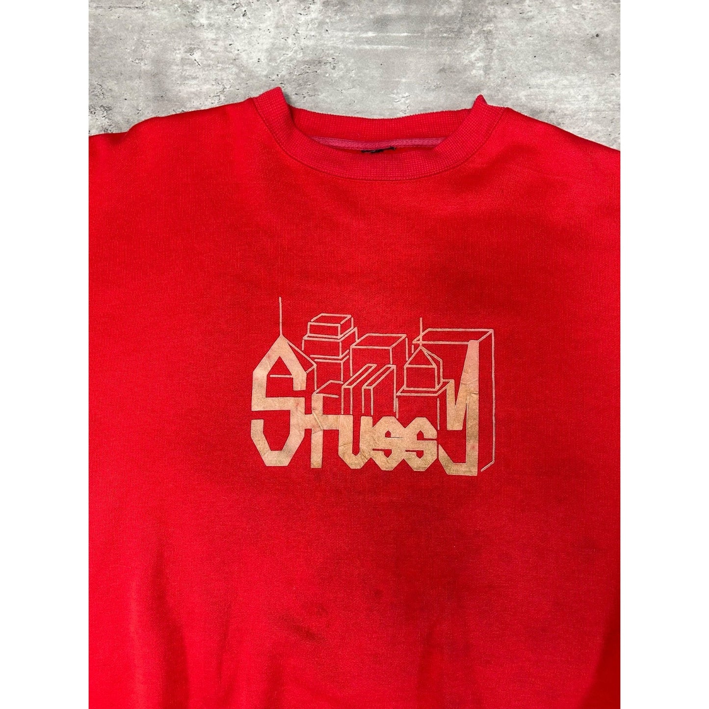 Vintage Stussy City Skyline Spellout Graphic Sweatshirt Size 2XL Red
