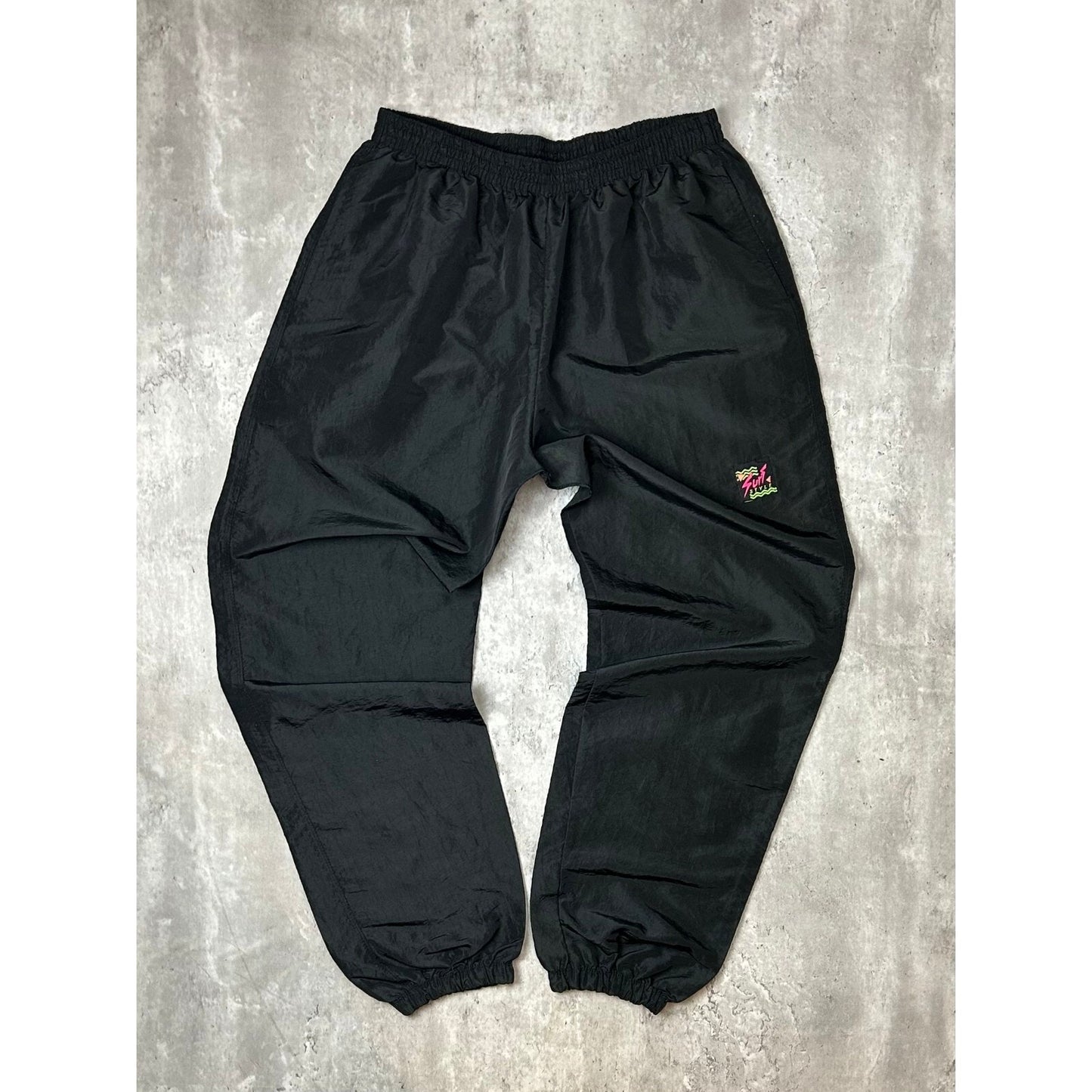 Vintage 90s Surf Style Embroidered Patch Nylon Track Pants Size XL Black