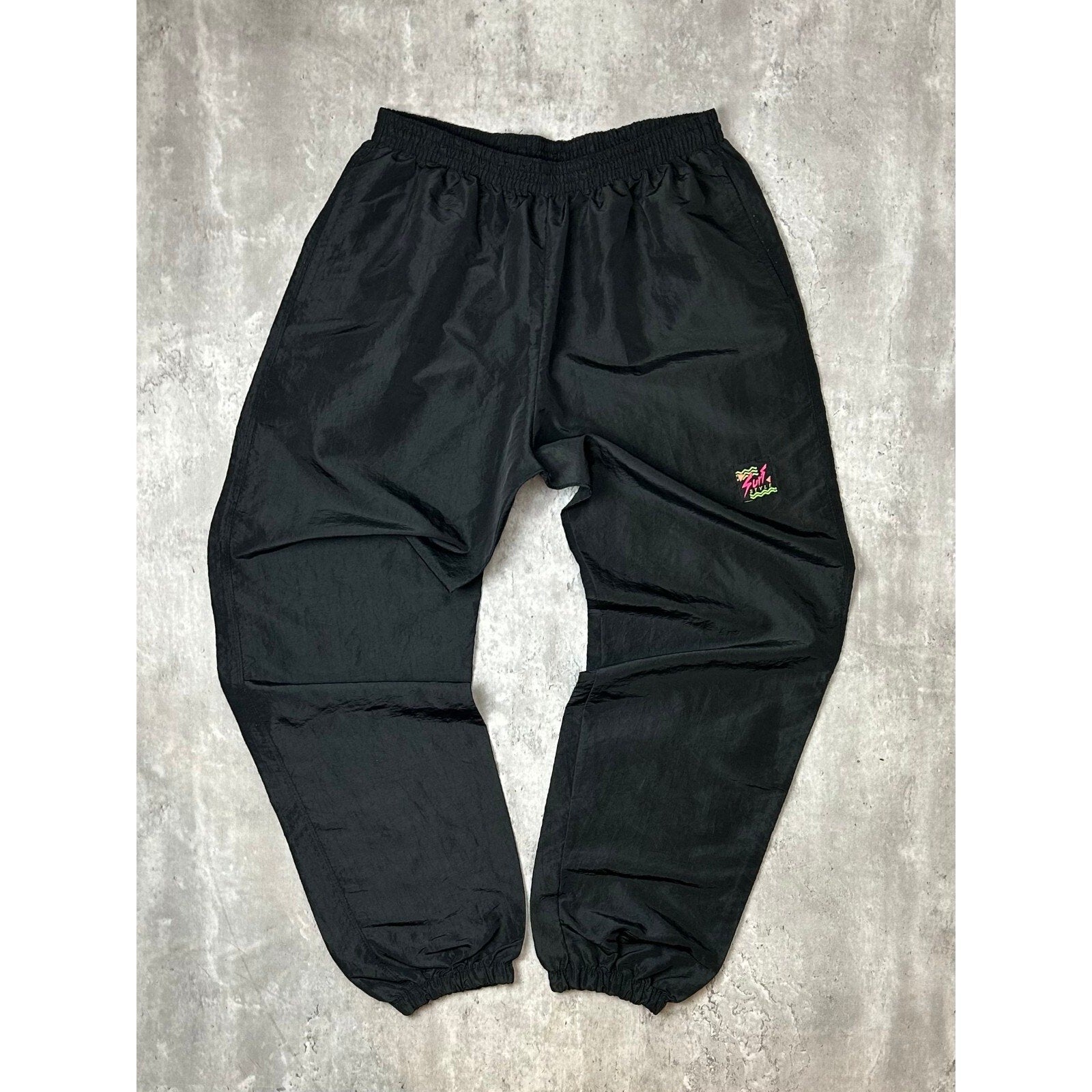 Vintage 90s Surf Style Embroidered Patch Nylon Track Pants Size XL Black