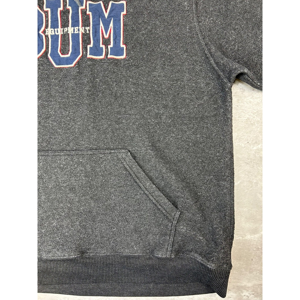 Vintage BUM Equipment Embroidered Spellout Hooded Sweatshirt Size Large Gray