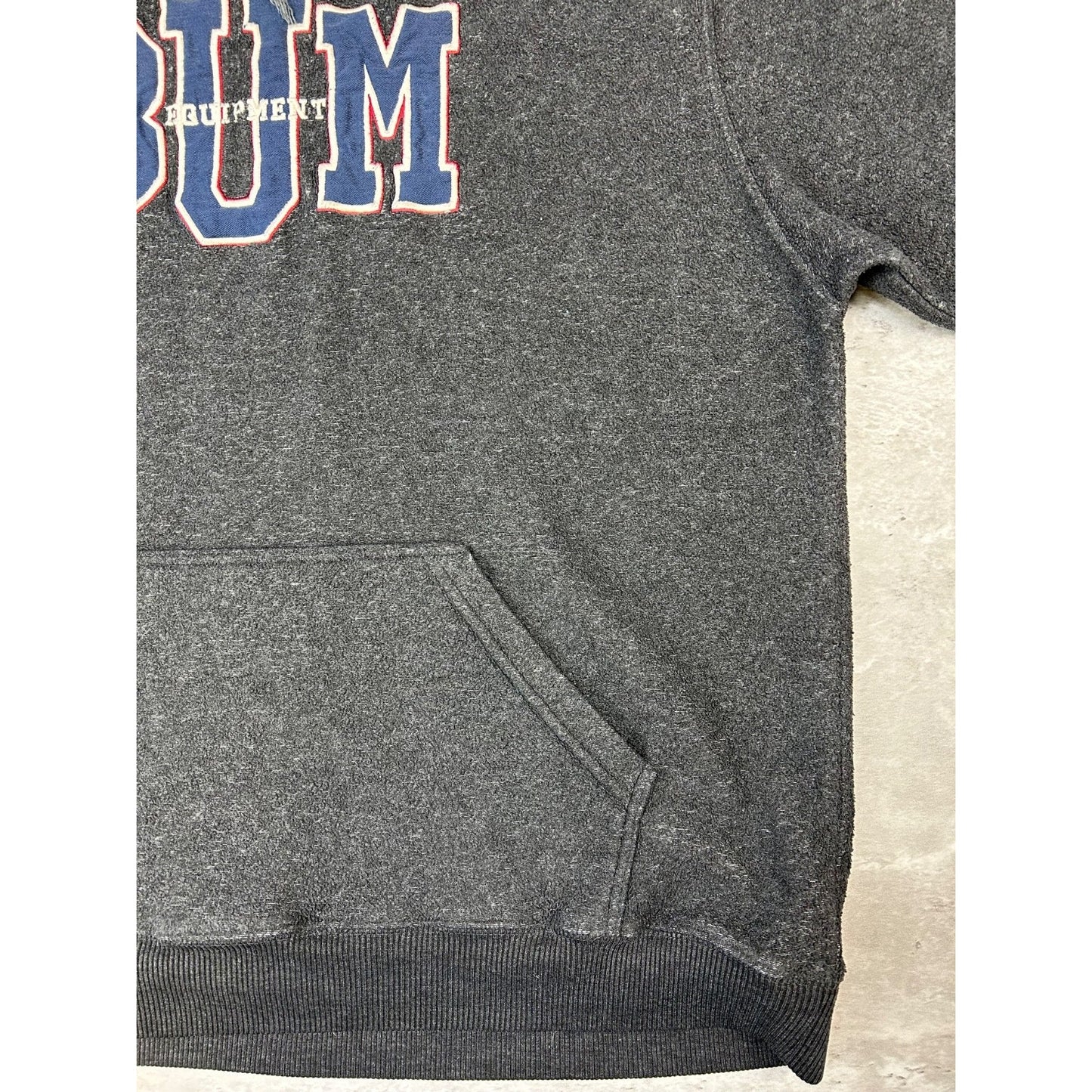 Vintage BUM Equipment Embroidered Spellout Hooded Sweatshirt Size Large Gray