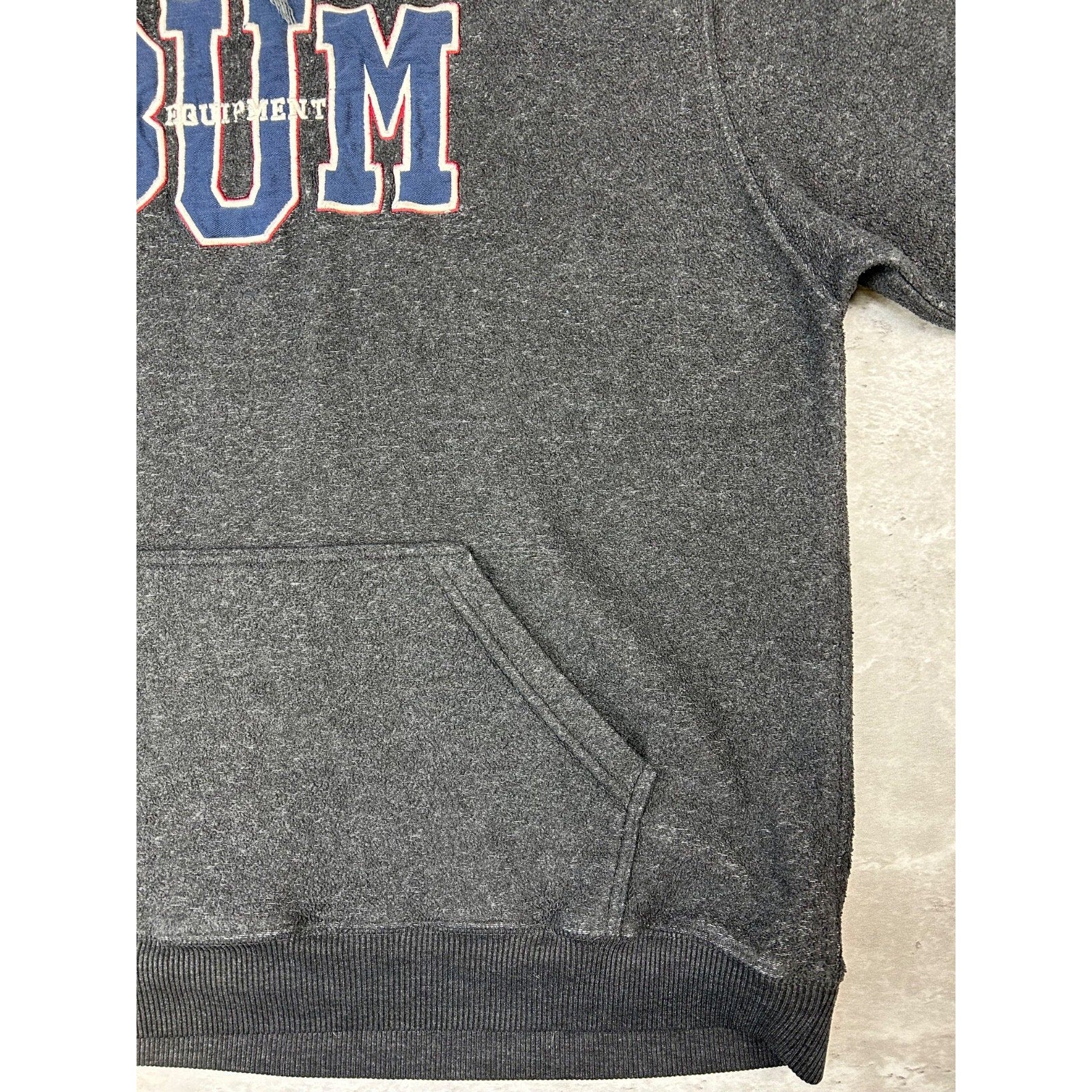Vintage BUM Equipment Embroidered Spellout Hooded Sweatshirt Size Large Gray