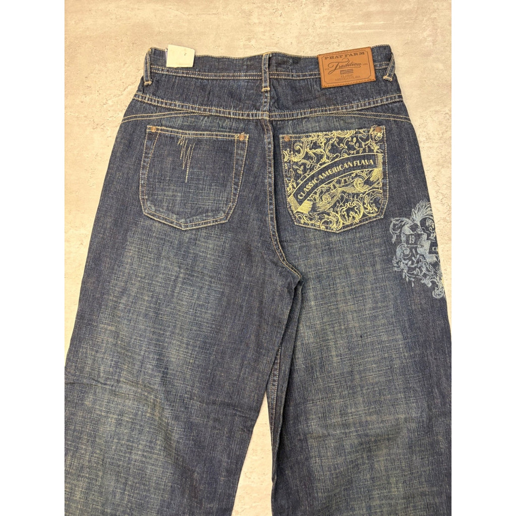 Vintage Y2K Womens Phat Farm Embroidered Spellout Dark Wash Denim Pants 29x31