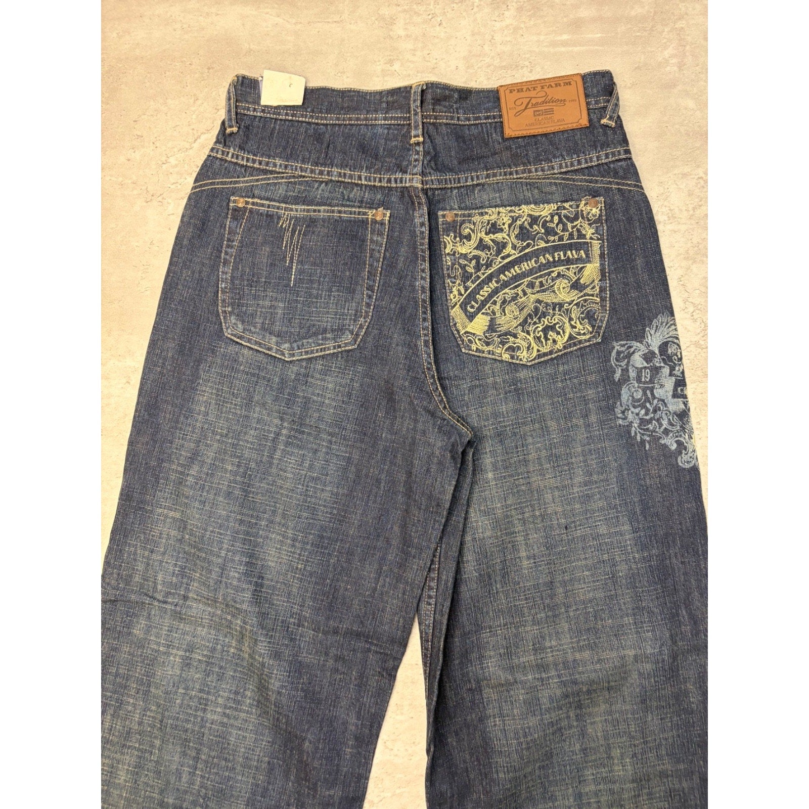 Vintage Y2K Womens Phat Farm Embroidered Spellout Dark Wash Denim Pants 29x31