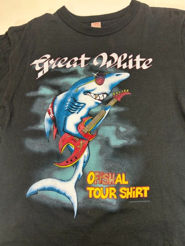 Vintage 1989 Great White Bite Back Tour Rock Music Graphic T-Shirt Size XL Black