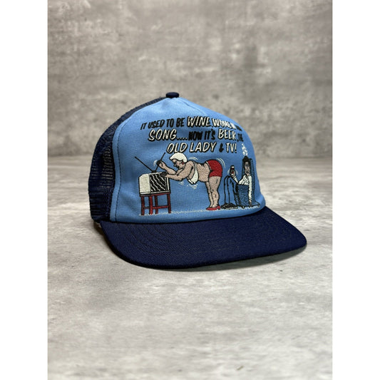 Vintage 80s It Used To Be Wine Women & Song Cartoon Comedy Snapback Hat OSFA
