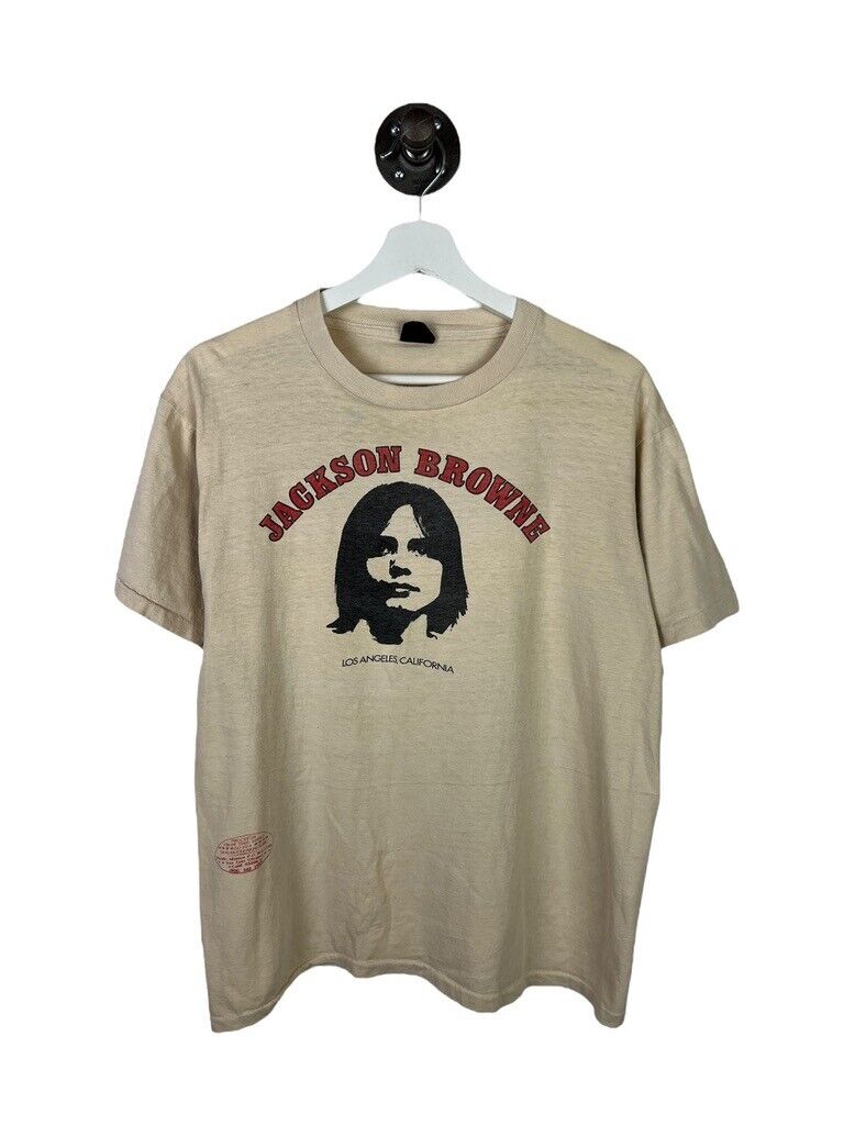 Vintage 80s Jackson Browne Graphic Rock Music Band T-Shirt Size Medium Beige