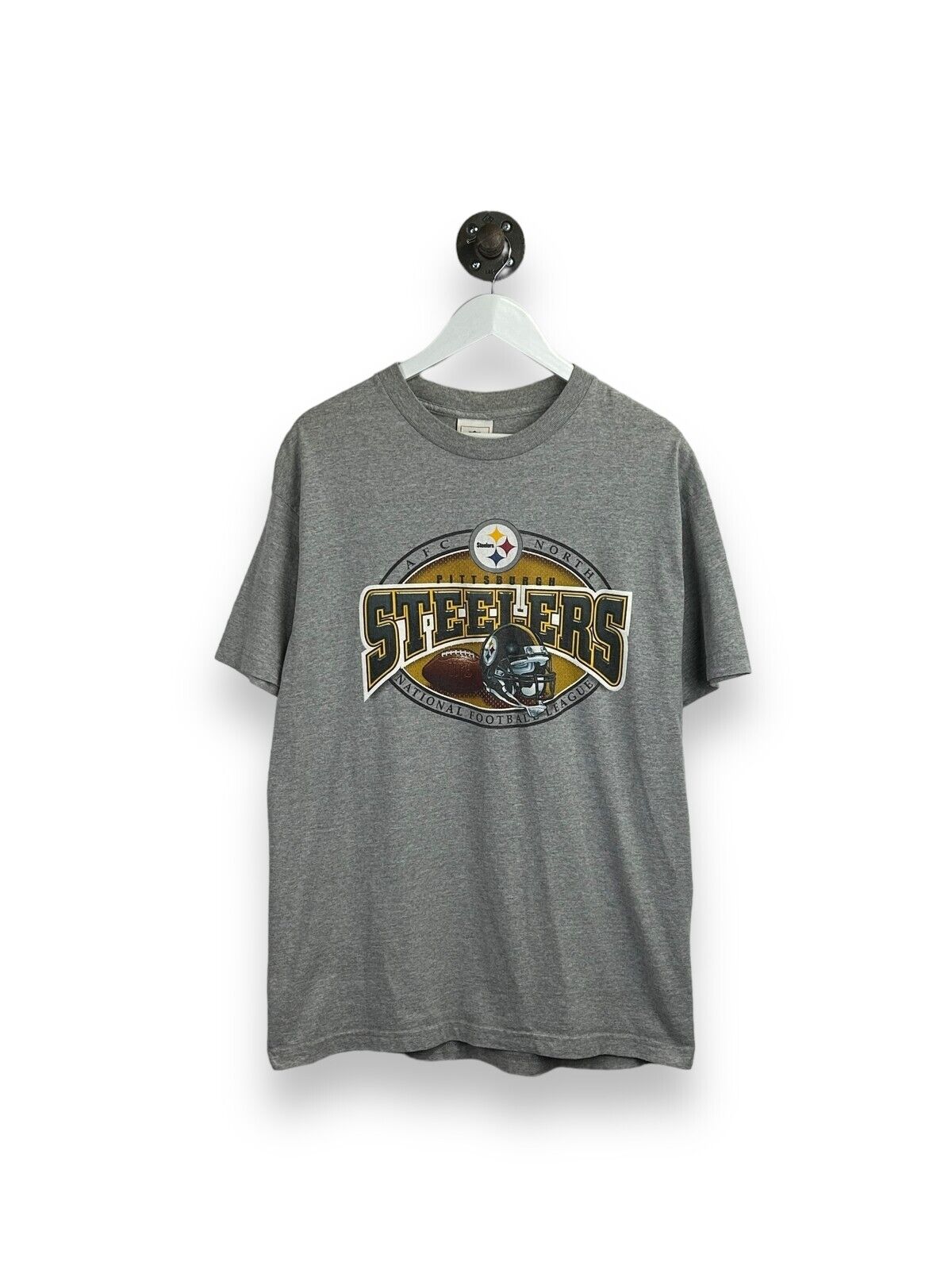 Vintage Pittsburgh Steelers NFL Graphic Helmet Spellout T-Shirt Size Large Gray