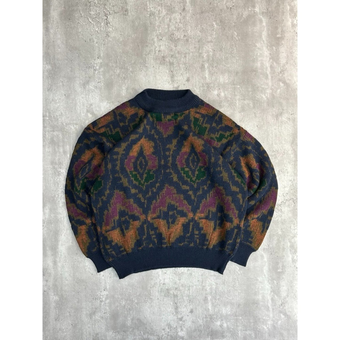Vintage 90s Abstract Print Pullover Ribbed Knit Sweater Size Large