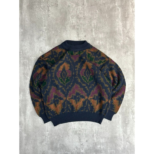 Vintage 90s Abstract Print Pullover Ribbed Knit Sweater Size Large