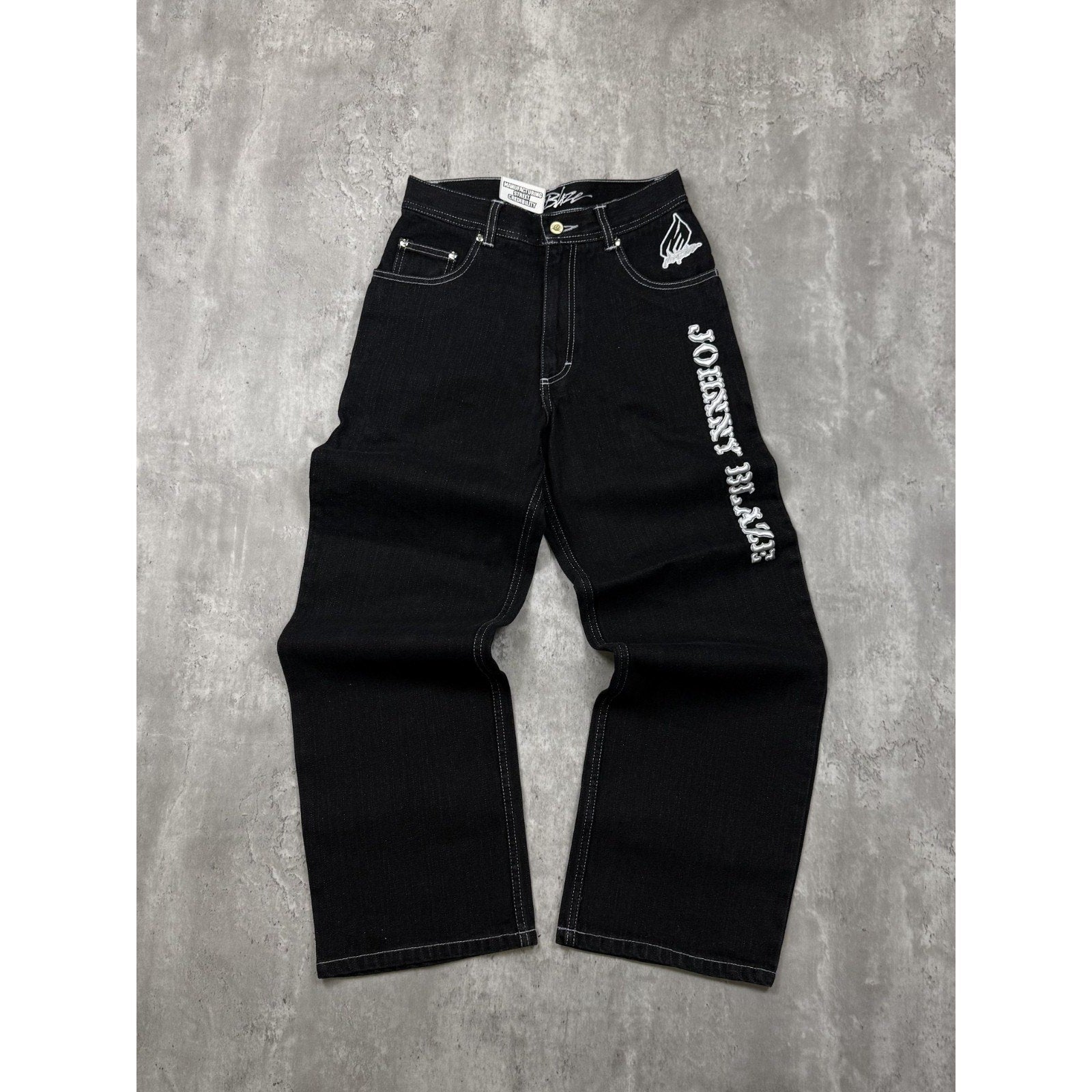 Y2K Womens Johnny Blaze Embroidered Spellout Black Wash Denim Pants 28x29