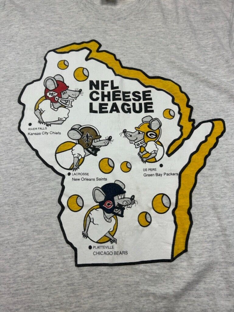 Vintage 90s NFL Cheese League Football Parody Graphic T-Shirt Size Large Gray