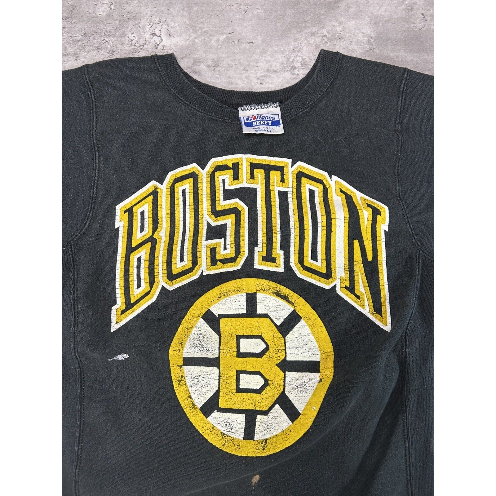 Vintage 90s Boston Bruins NHL Embroidered Spellout Logo Sweatshirt Size Small