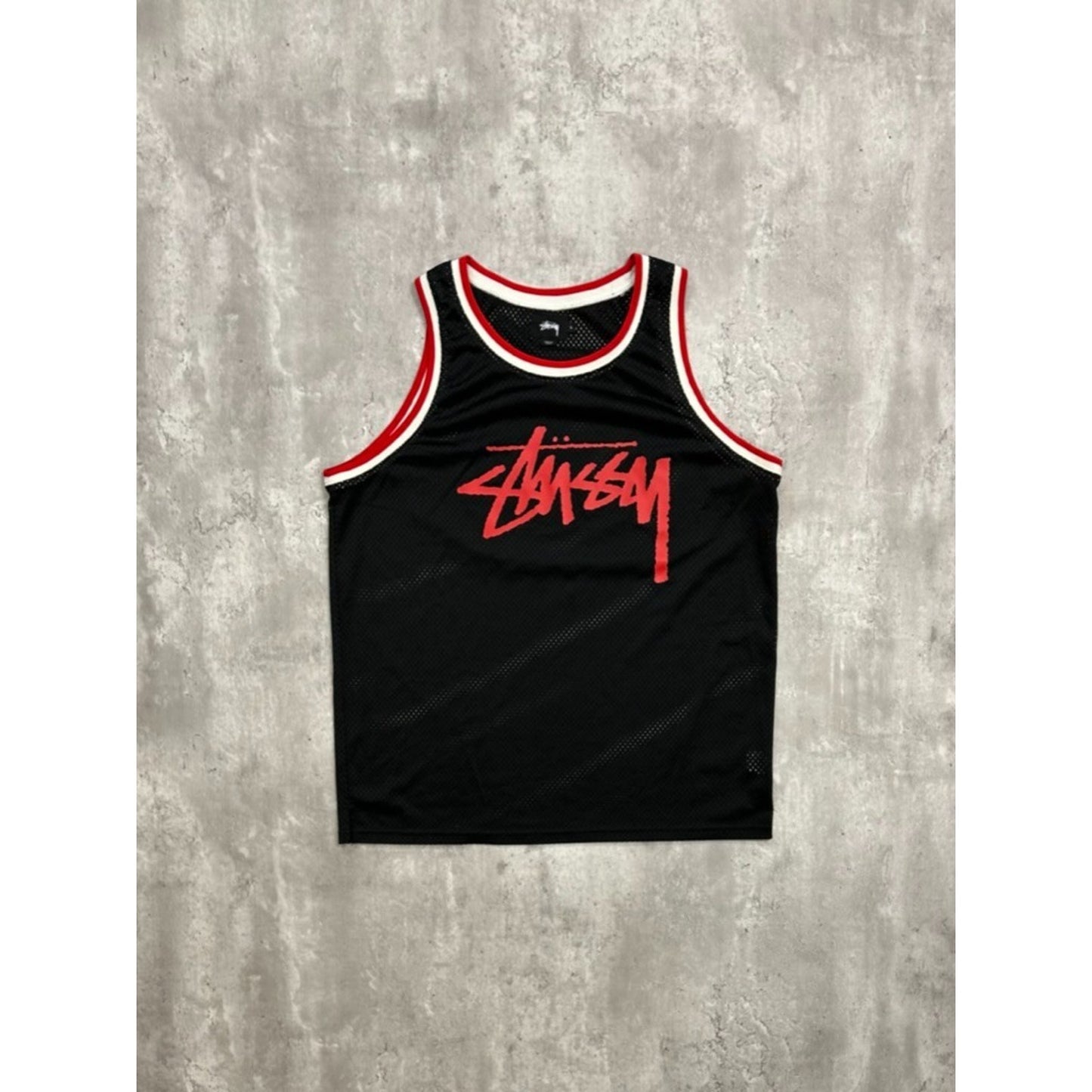 Stussy Classic Spellout Logo Basketball Jersey Size Large Black