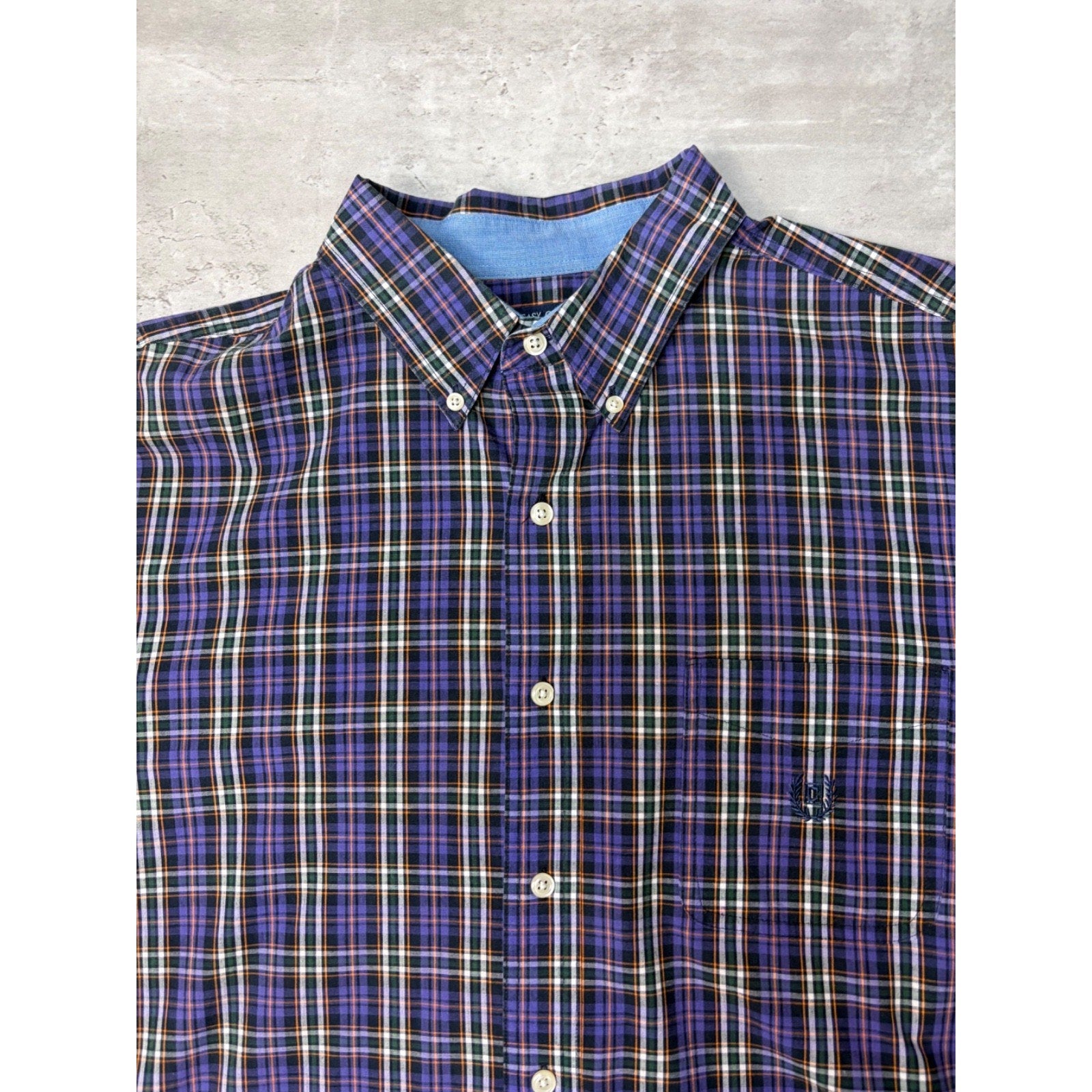 Vintage Chaps Embroidered Crest Plaid Cropped Button Up Shirt Size XL