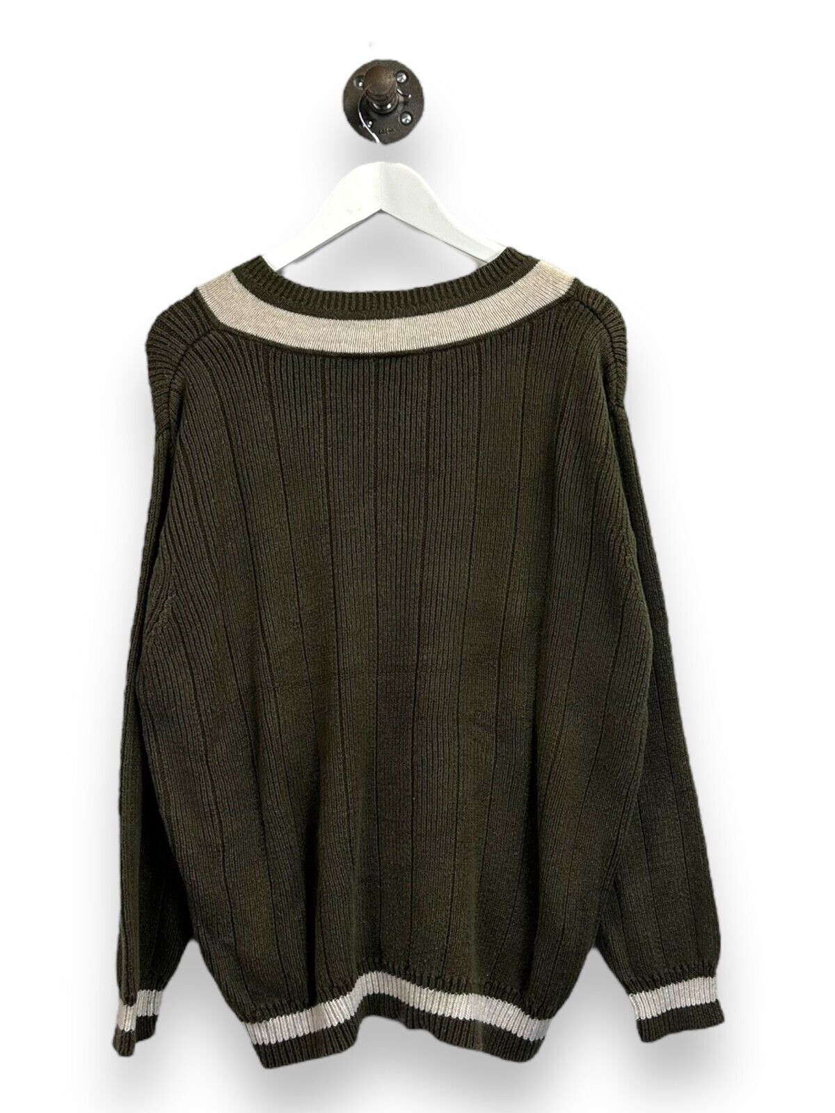 Vintage B. Moss Striped V Neck Pull Over Sweater Size Large Green