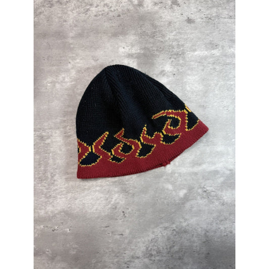 Vintage Graphic Flame Print Beanie Hat OSFA Black/Red