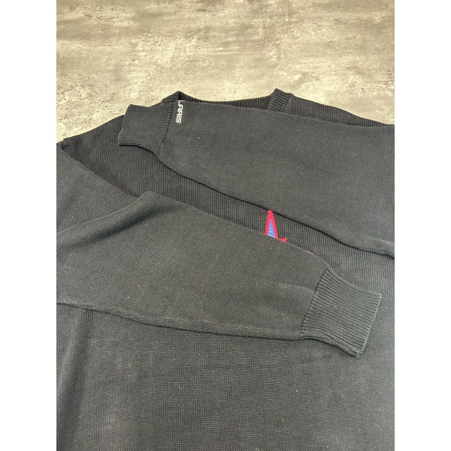 Vintage 90s Indy Embroidered Spellout Ribbed Knit Sweater Size XL Black