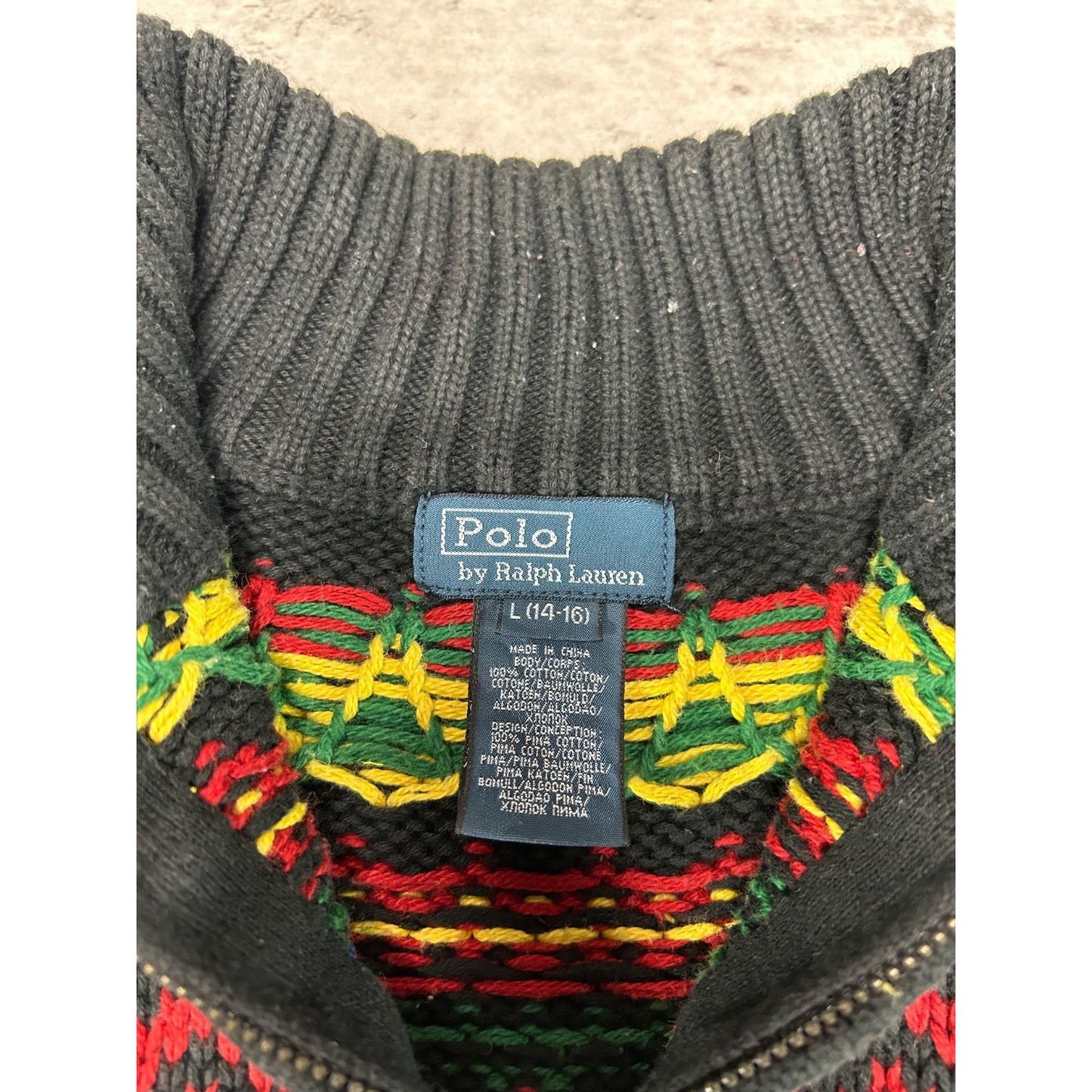 Vintage Polo Ralph Lauren 1/4 Zip Geometric Striped Knit Sweater Sz Large YOUTH