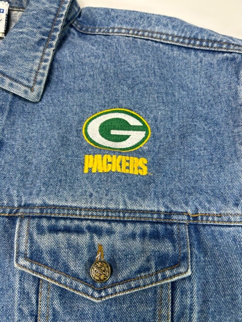 Vintage 90s Green Bay Packers NFL Medium Wash Denim Trucker Jacket Size Medium