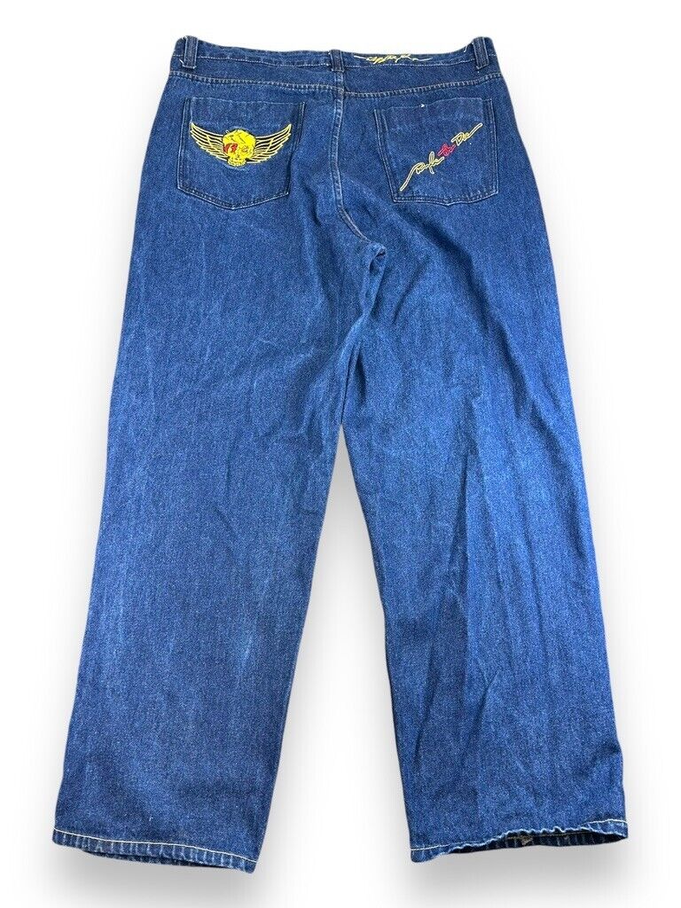 Vintage Ruff Ryders Embroidered Baggy Fit Dark Wash Denim Pants Size 42W Blue