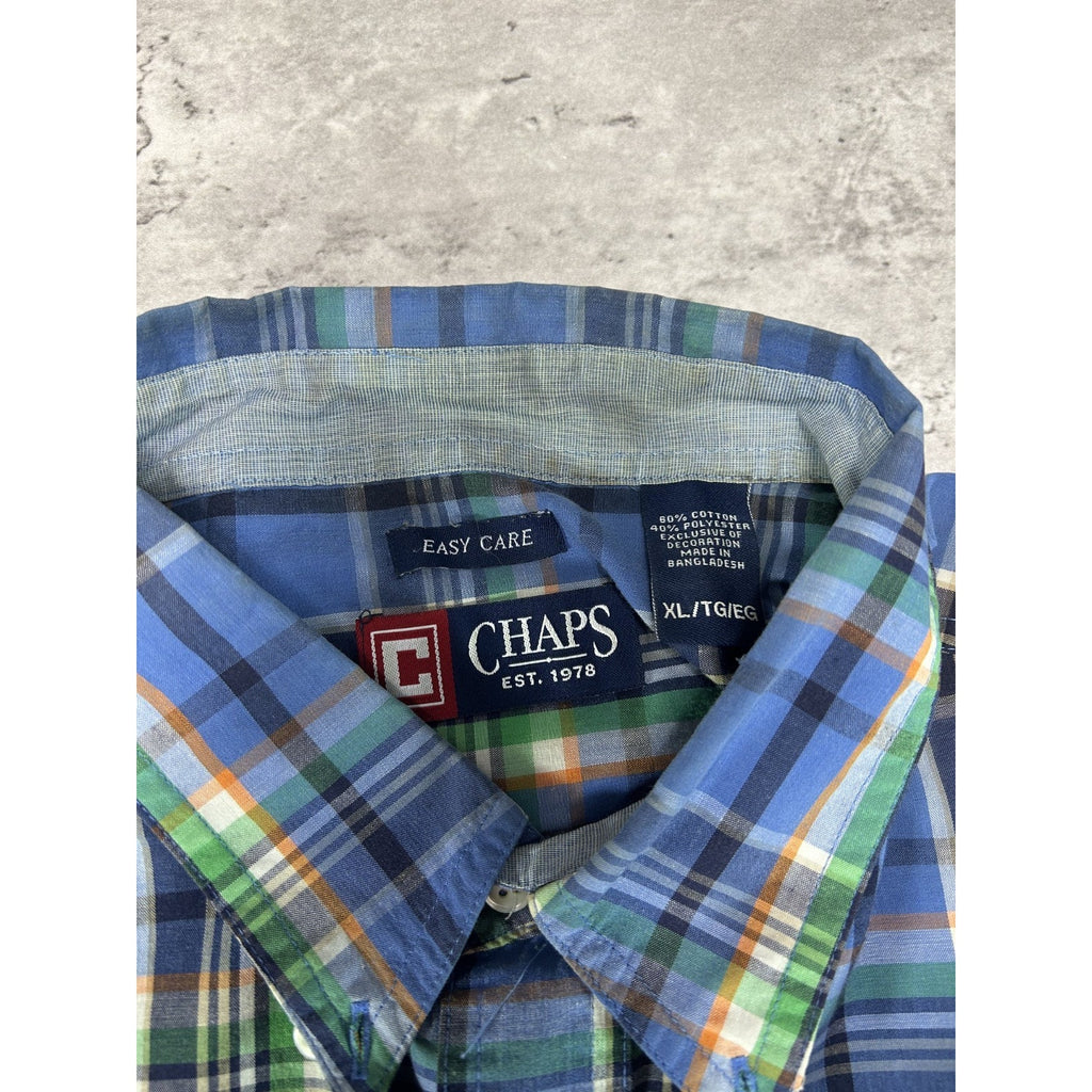 Vintage Chaps Plaid Print Short Sleeve Reworked Cropped Button Up Shirt Sz XL