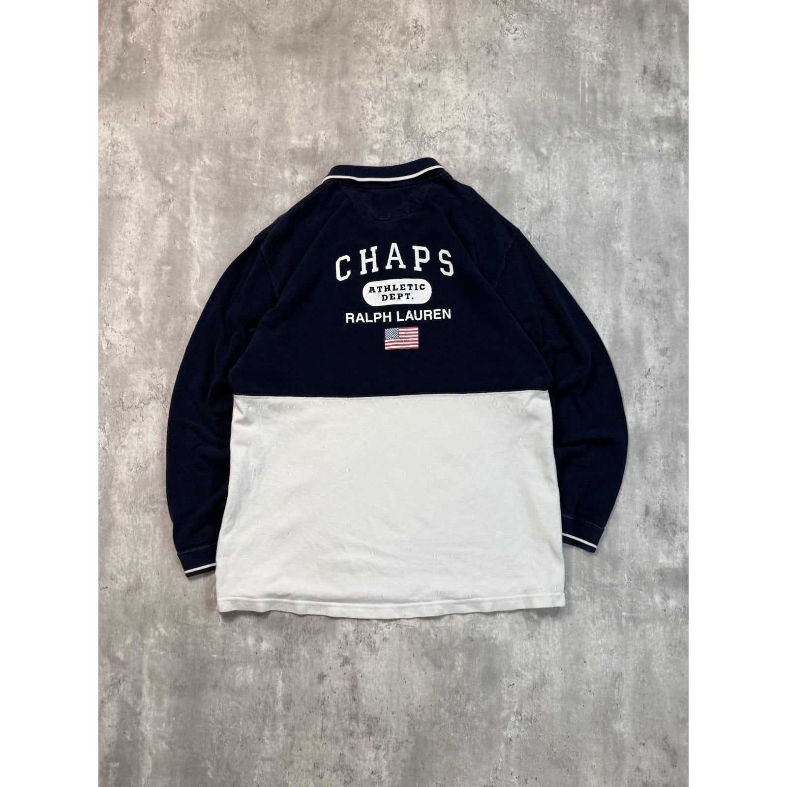Vintage Chaps Spellout Flag Graphic Long Sleeve Rugby Button Up Shirt Size Large
