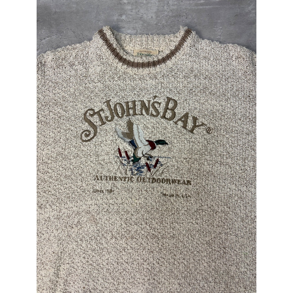 Vintage 90s St. Johns Bay Embroidered Mallard Spellout Knit Sweater Size Large