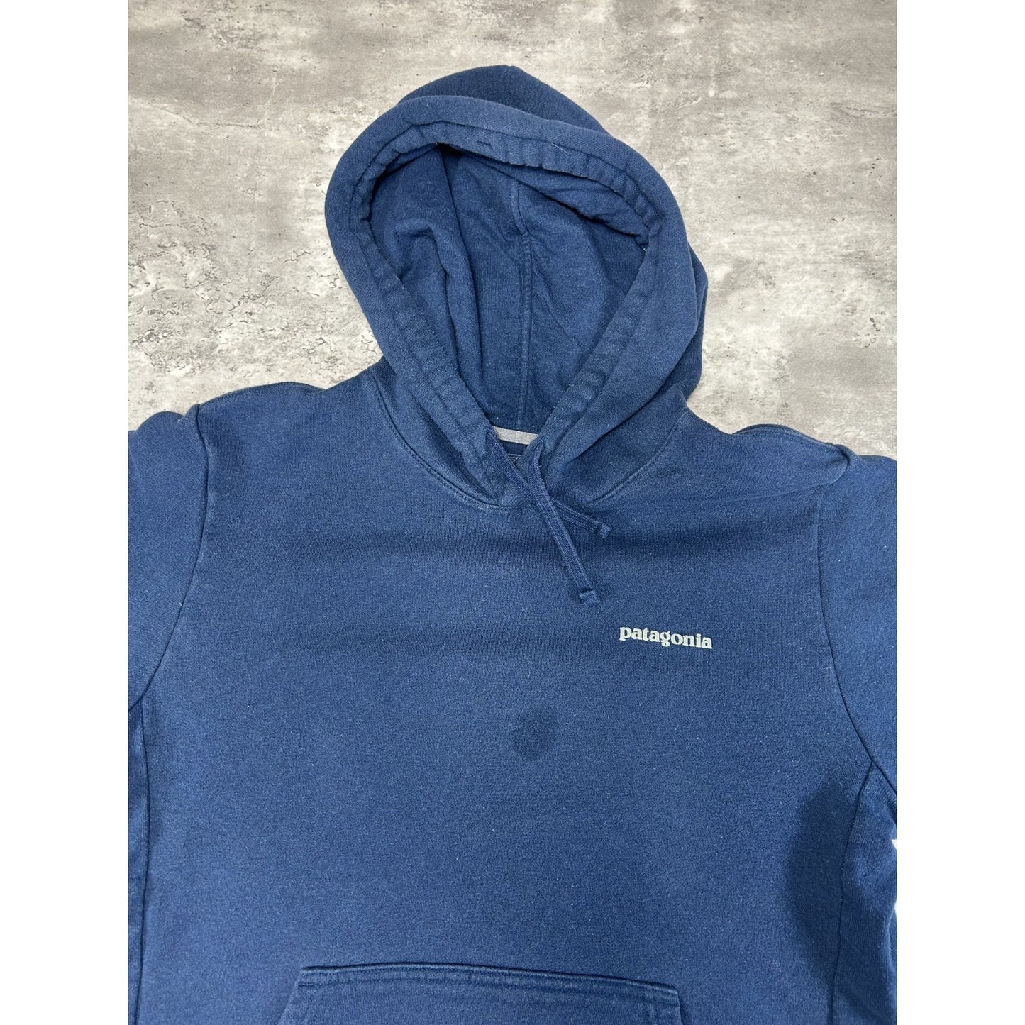 Patagonia Graphic Spellout Pullover Hooded Sweatshirt Size Medium Navy Blue