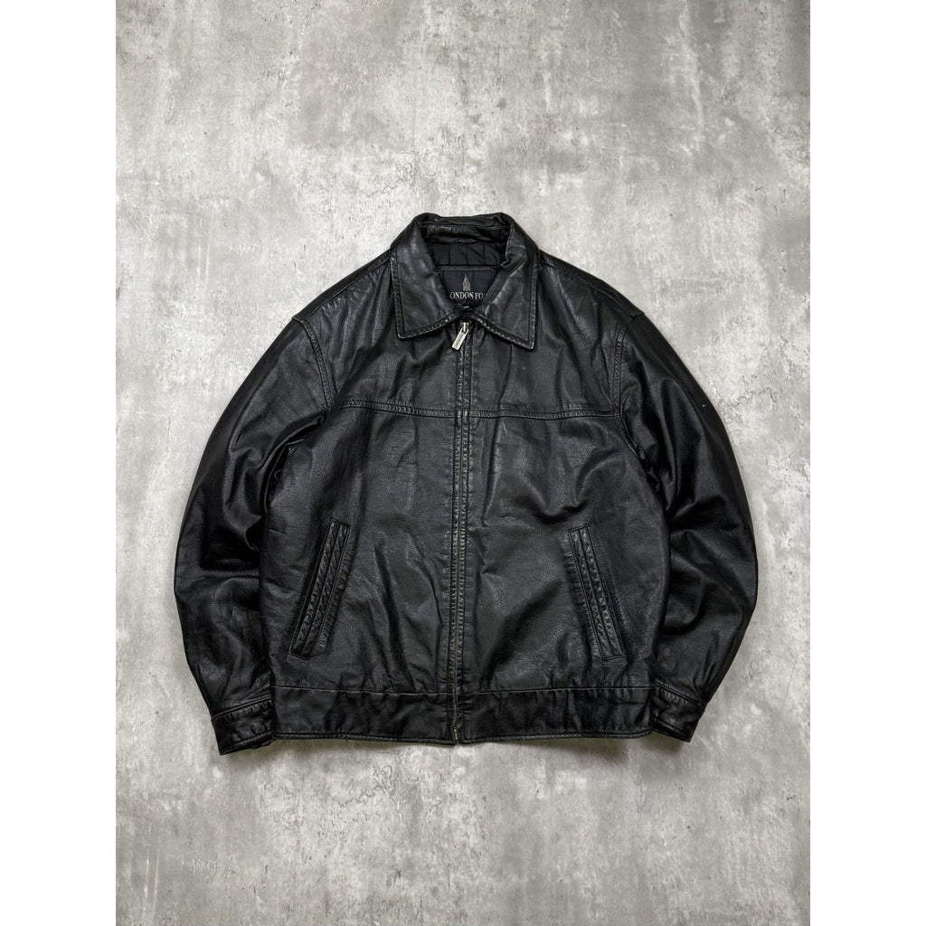 Vintage London Fog Full Zip Black Leather Bomber Jacket Size Medium