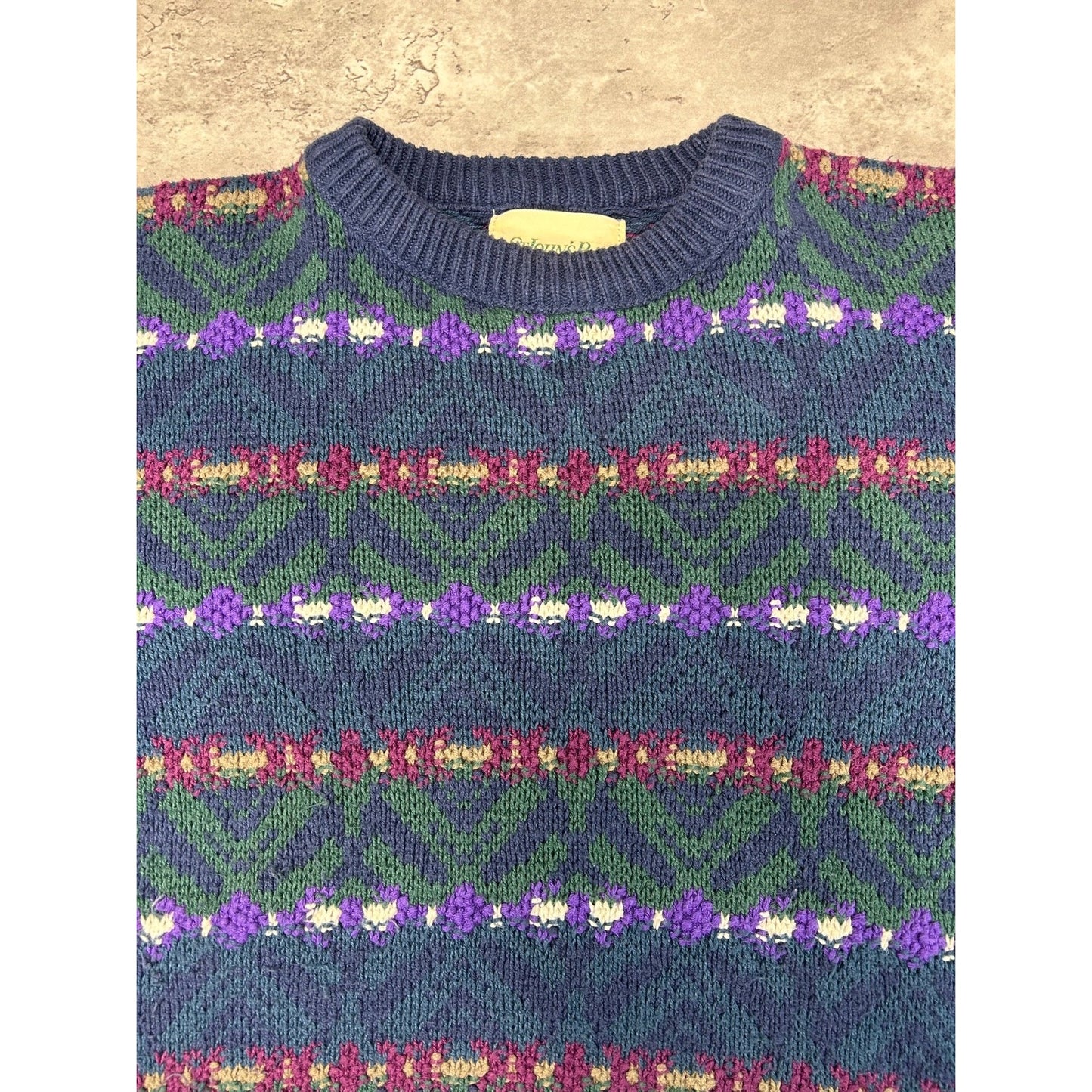 Vintage St Johns Bay Geometric Striped Pullover Knit Sweater Size Medium