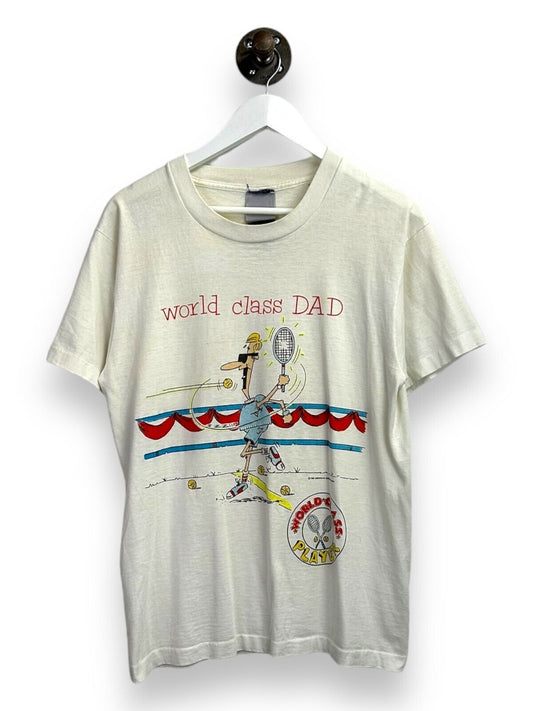 Vintage 1988 World Class Dad Tennis Cartoon Graphic T-Shirt Size Large White 90s